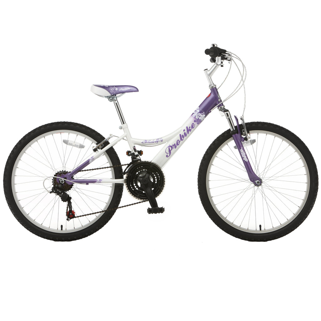 ProBike Melody FS - Front Suspension Junior Mountain Bike - 24” Wheels - Purple and White